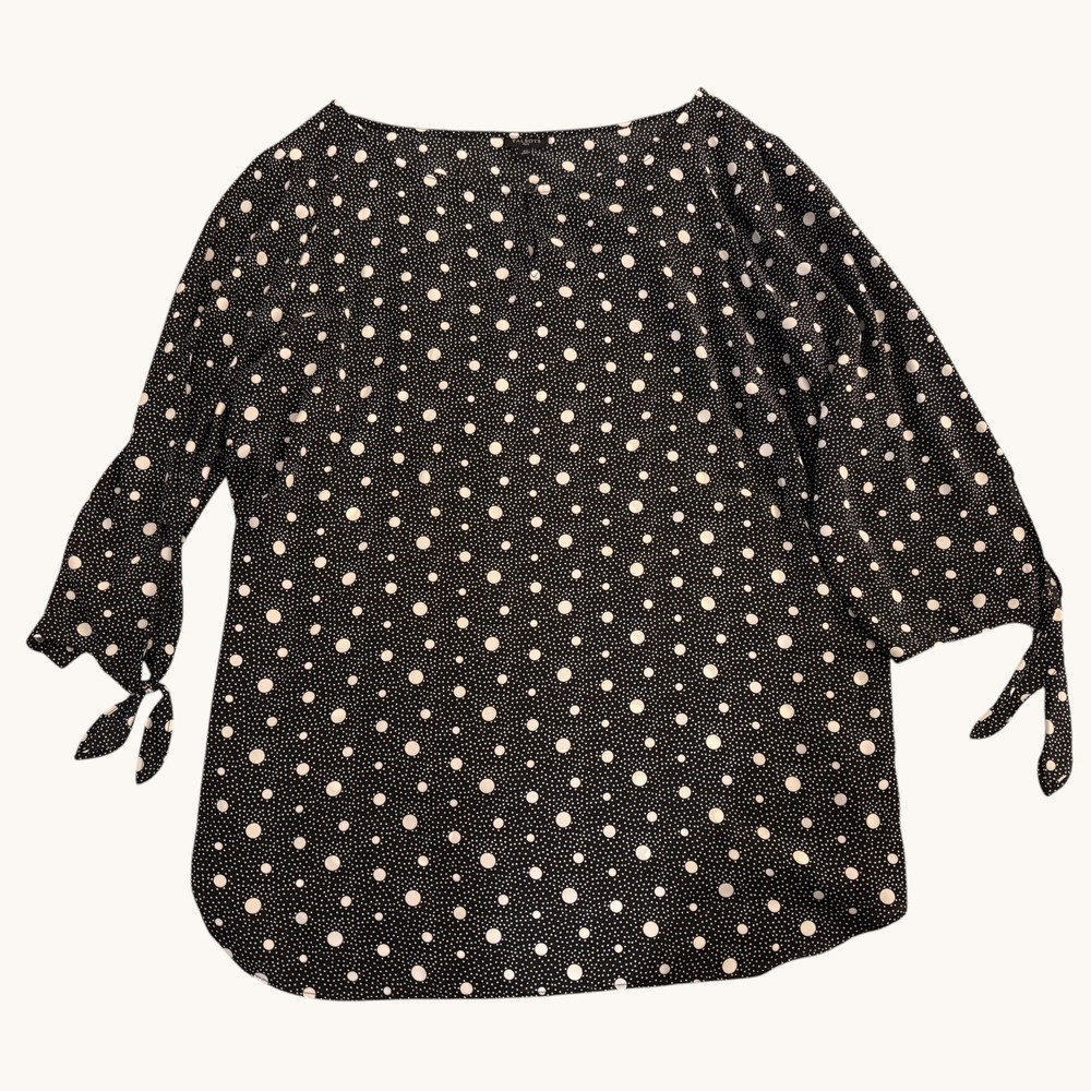 Talbots Womens 2X Black Polka Dot 3/4 Tie Sleeve Keyhole Neck Blouse Classic - Picture 2 of 12